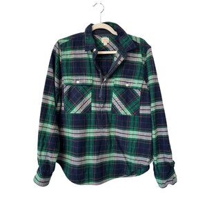 J Crew Flannel Shirt Size Medium Popover Plaid Half Zip Green Navy Preppy